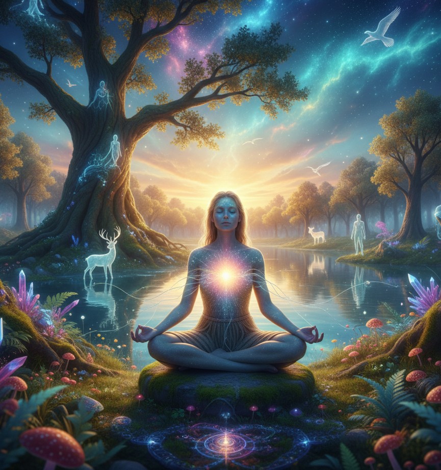 Una figura meditativa en una postura de loto bajo un árbol cósmico brillante, rodeada de energía vibrante y luces celestiales, simbolizando el despertar espiritual.