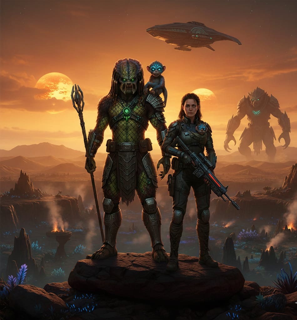 La Trinidad formada por Dek el Yautja, Tia la Humana y Bud la criatura, permaneciendo juntos como guardianes bajo un cielo estrellado en las Tierras Baldías.