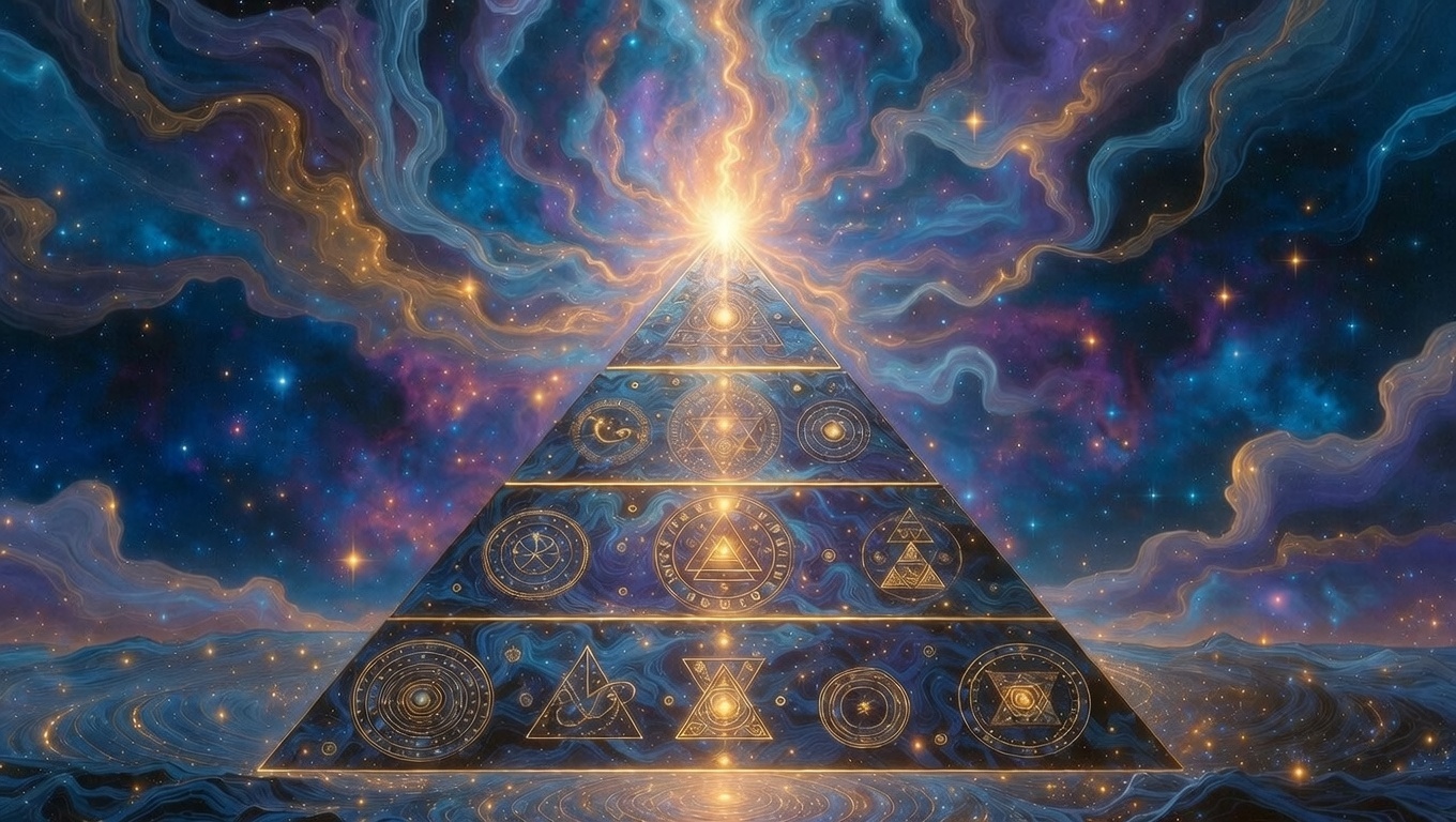 Una pirámide cósmica de luz que muestra la evolución de la conciencia desde la materia densa hasta el sol central del Absoluto.