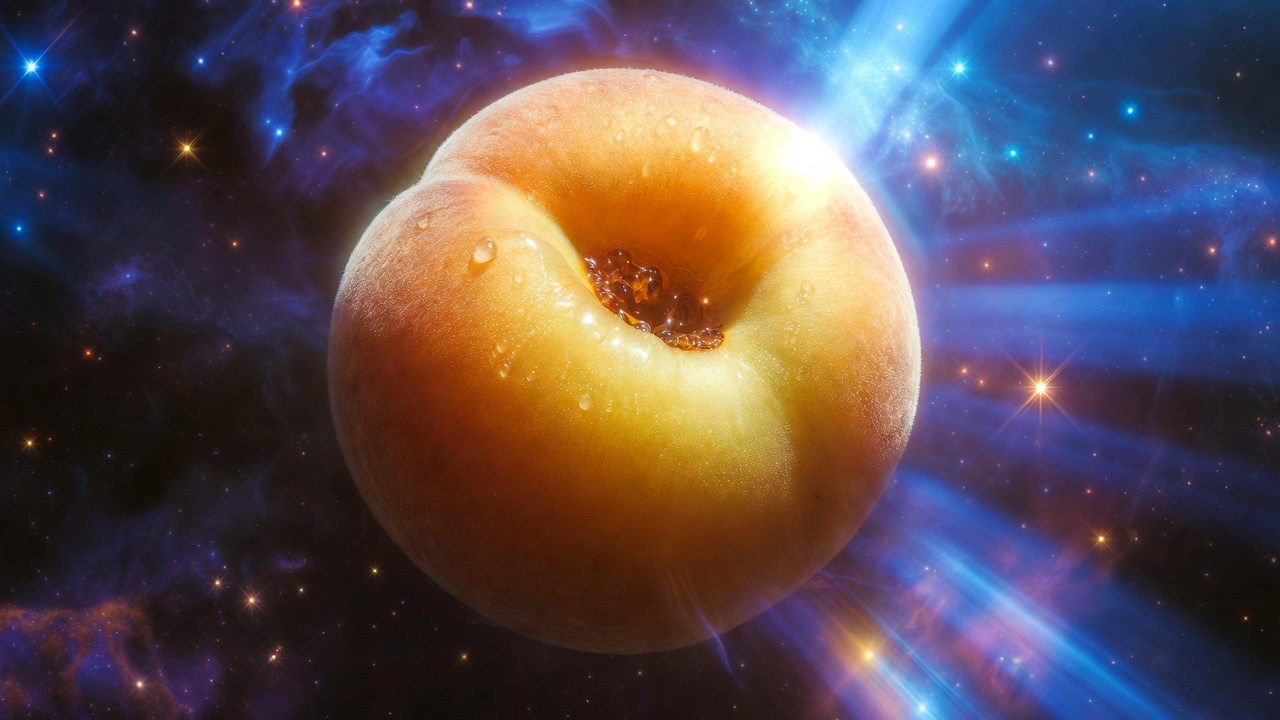 A glowing, golden peach floating in deep space against a backdrop of blue nebulas and light codes.