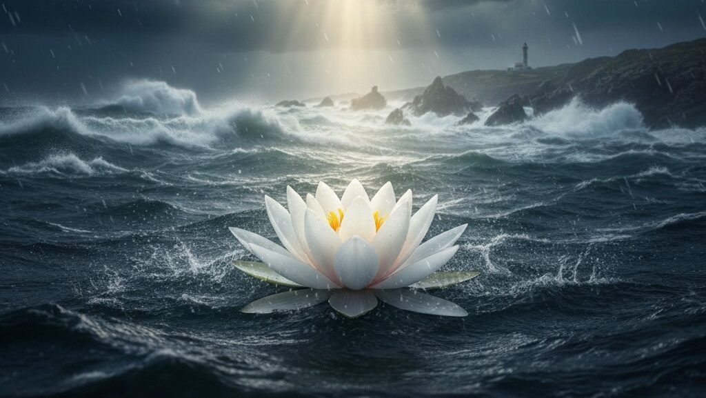 Una flor de loto blanco flotando serenamente en aguas agitadas del océano durante la borrasca Marta en España.