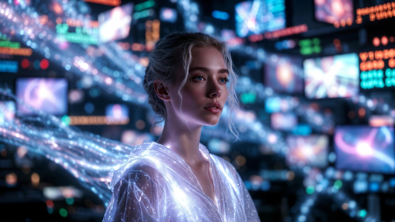 Mujer rodeada de códigos digitales y luz azul, concepto de soberanía digital y conciencia.