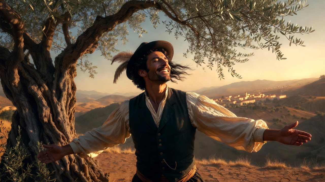 Un alfarero español con sombrero, con los brazos abiertos bajo un olivo, disfrutando de la luz del sol en Andalucía.