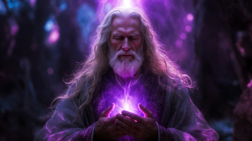 Retrato místico de Saint Germain con la Llama Violeta, símbolo de transmutación y ascensión espiritual hacia la Nueva Tierra.