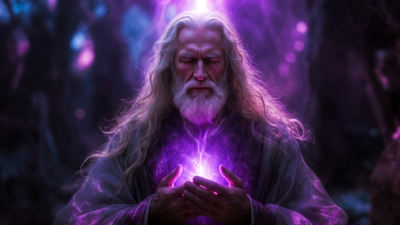 Retrato místico de Saint Germain con la Llama Violeta, símbolo de transmutación y ascensión espiritual hacia la Nueva Tierra.