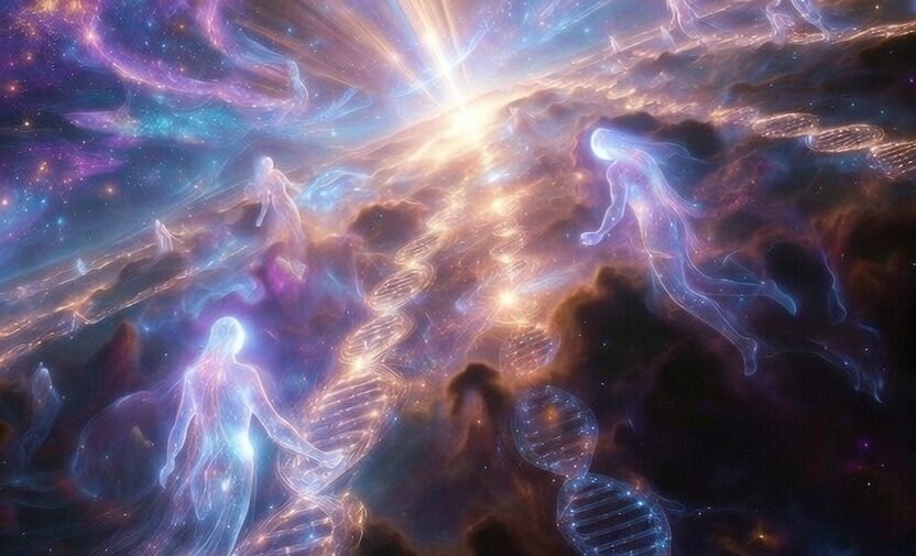 Nebulosa etérea de luz estelar púrpura y azul, activación ADN cósmica, energías Arcturianas y Pleyadianas