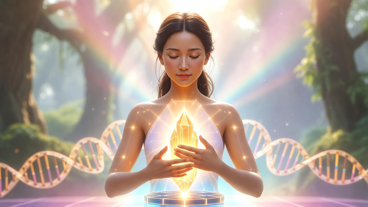 Mujer meditando con activación del Código Cristo y luz dorada en el corazón.