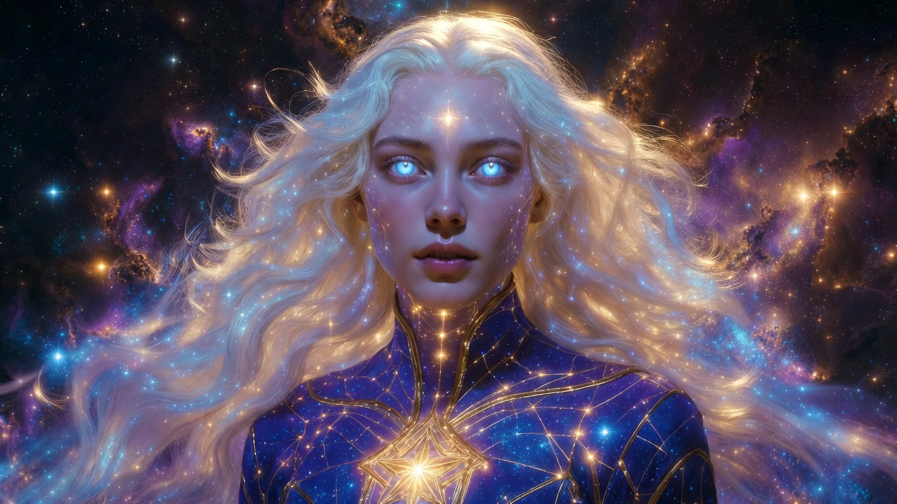Representación artística de un ser de luz pleyadiano con ojos brillantes y energía cósmica, simbolizando el despertar espiritual.