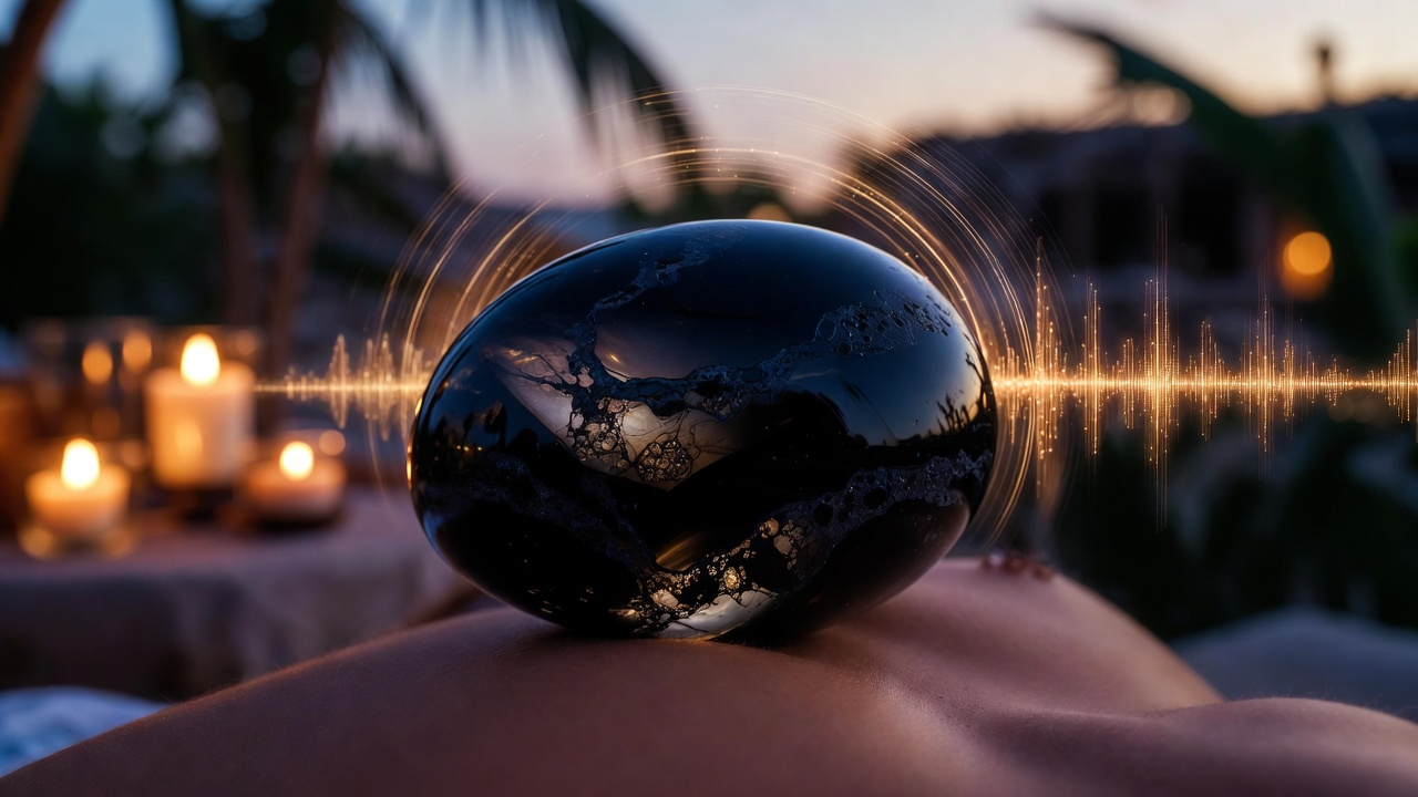 Esfera de obsidiana negra pulida sobre arena con ondas de frecuencia sonora en un ambiente de bienestar en Tulum.