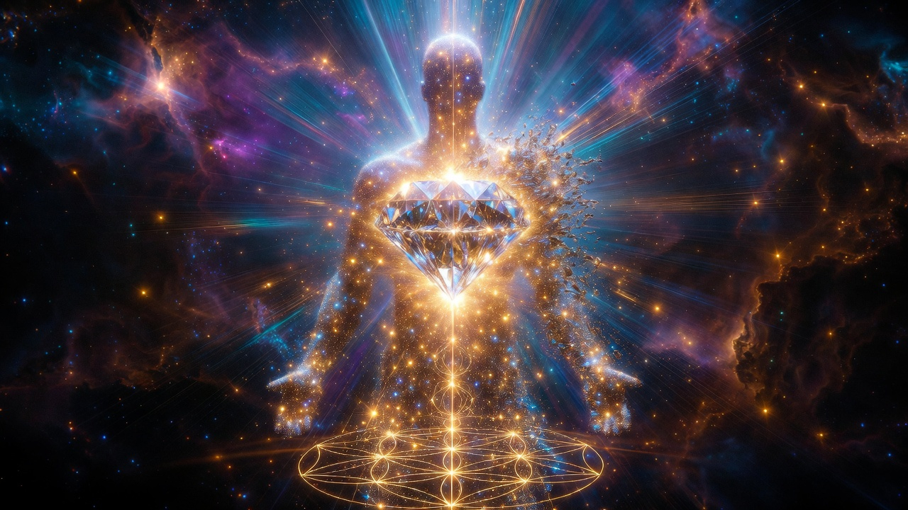 Representación espiritual de un ser de luz en meditación transformándose en un diamante cósmico, transición a 5D.