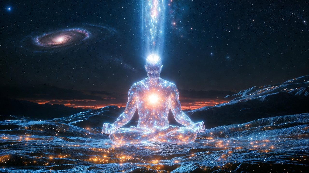 Persona meditando rodeada de luz cósmica representando los despertar espiritual síntomas y la ascensión.