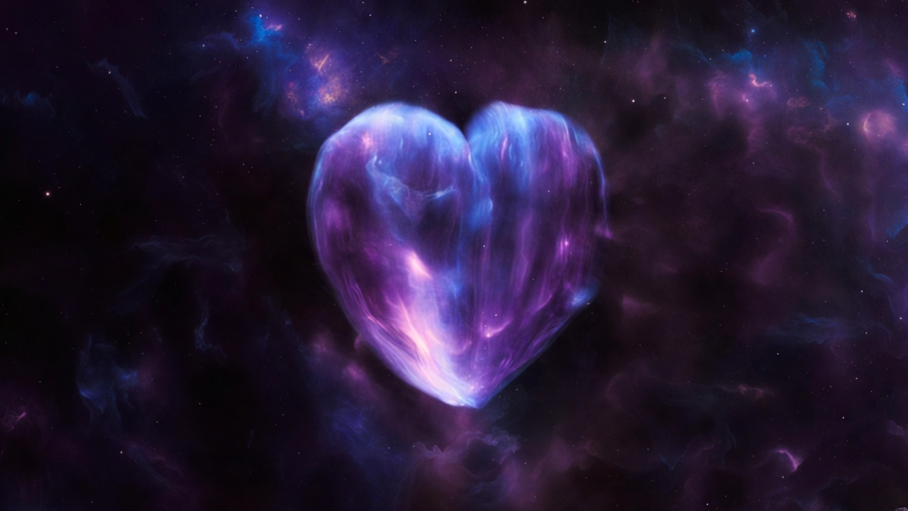 Corazón cósmico de luz violeta y azul pulsando en el vacío estelar, representando la unión de Elar y Mira.