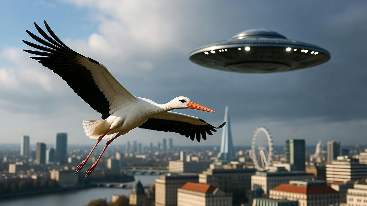 ​Cigüeña blanca volando sobre el Támesis en Londres, símbolo de biodiversidad urbana 2026.