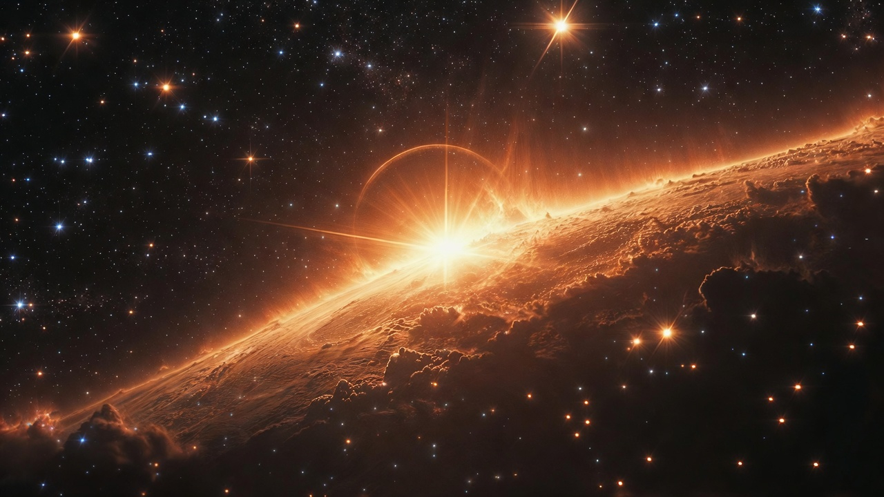 Llamarada solar masiva y reinicio cósmico desde el espacio, luz de la fuente divina.