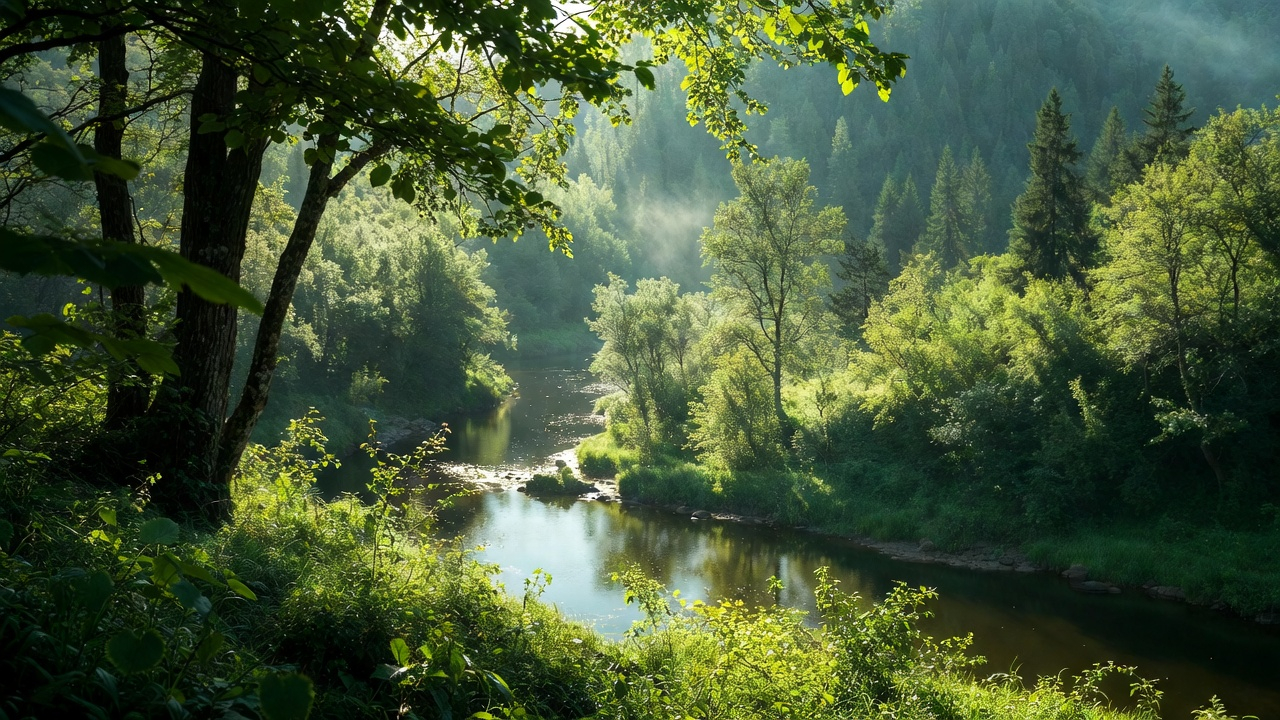 Paisaje natural con río y árboles bajo la luz del sol para artículo sobre Nikki Rodriguez y el medio ambiente.