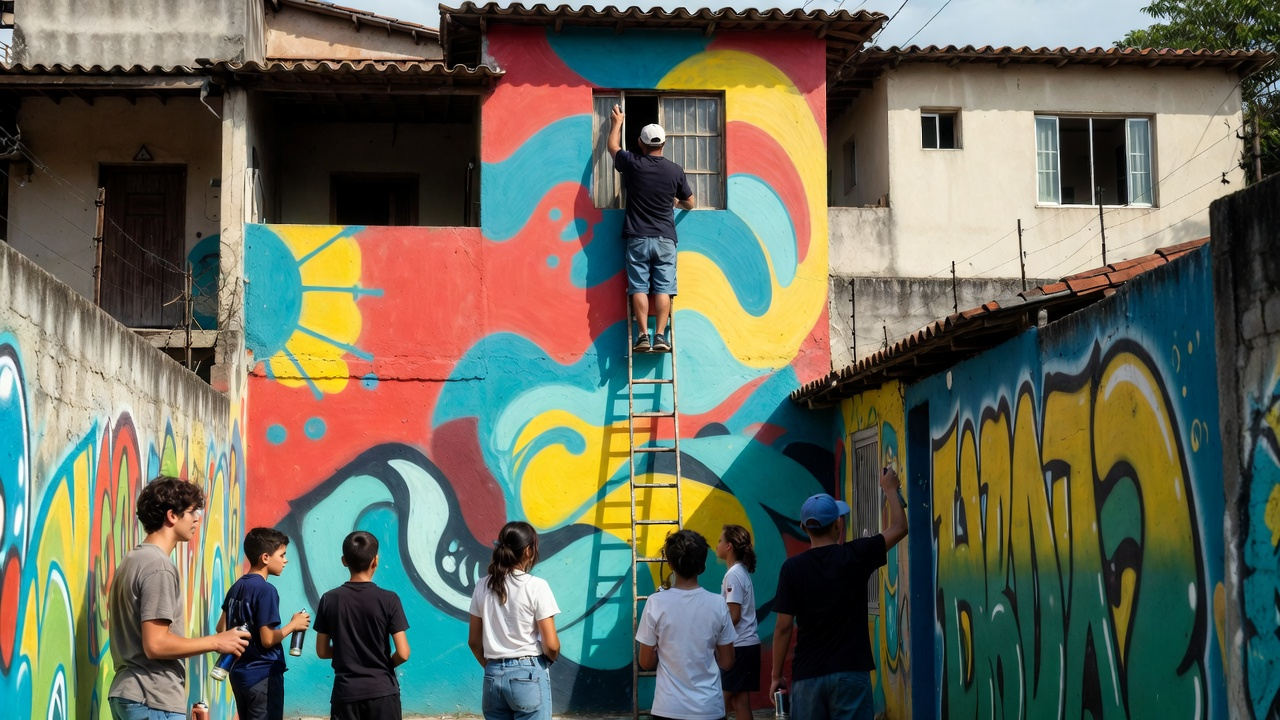 Jóvenes pintando un mural colorido en una favela de Brasil como parte de un proyecto social.