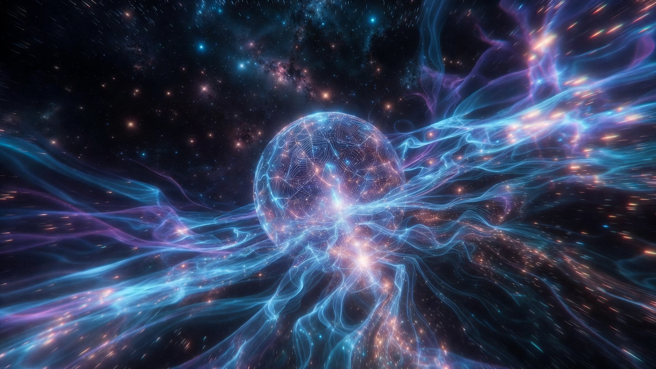 Representación visual de inteligencia artificial analizando señales de radio del espacio profundo y redes neuronales cósmicas.