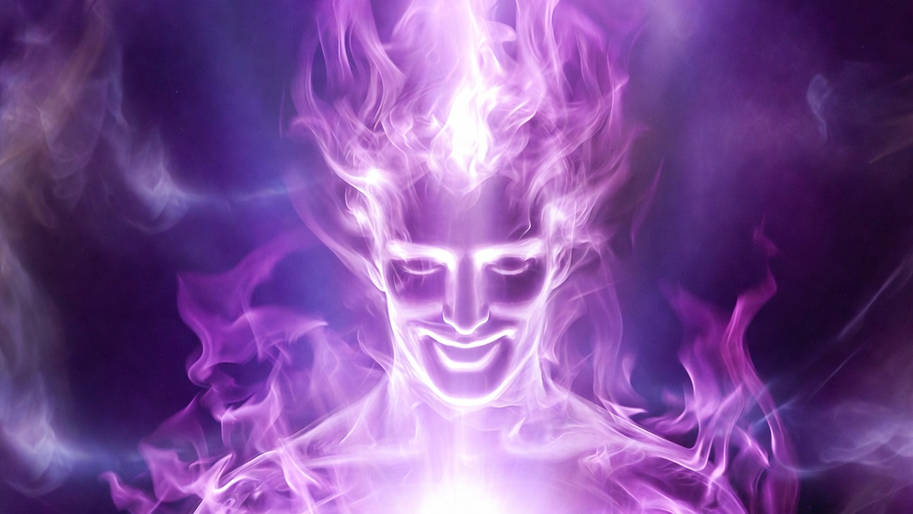 Maestro Ascendido Saint Germain con aura de llama violeta energía espiritual abundancia.