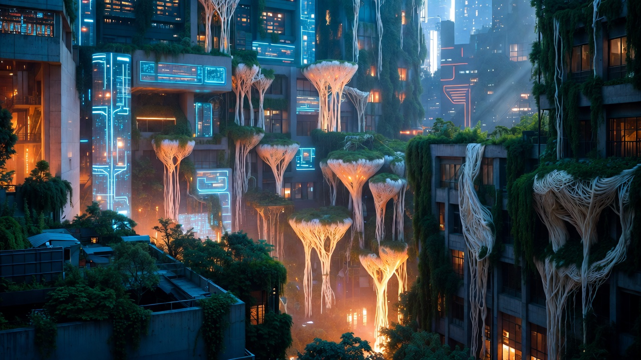 Edificio futurista hecho de micelio en un entorno de diseño regenerativo.