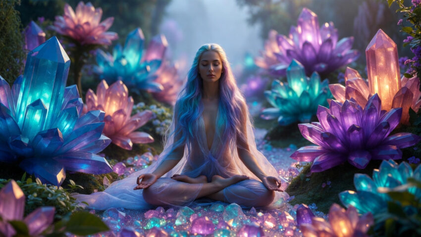 Mujer en meditación profunda rodeada de flores cósmicas y energías espirituales de los Arcturianos.
