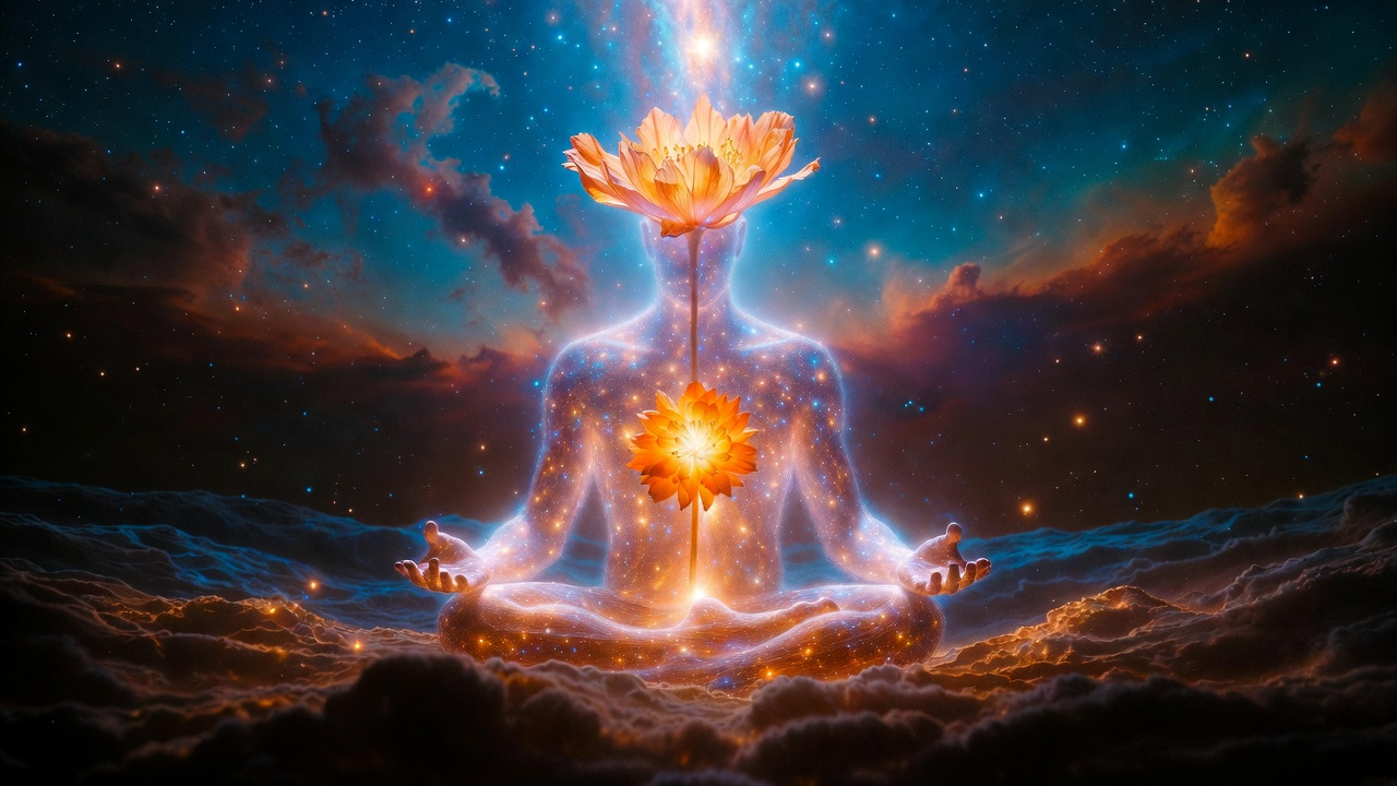 Ser humano en meditación transformándose en una flor cósmica de color naranja y rojo, recibiendo luz del Consejo Arcturiano.