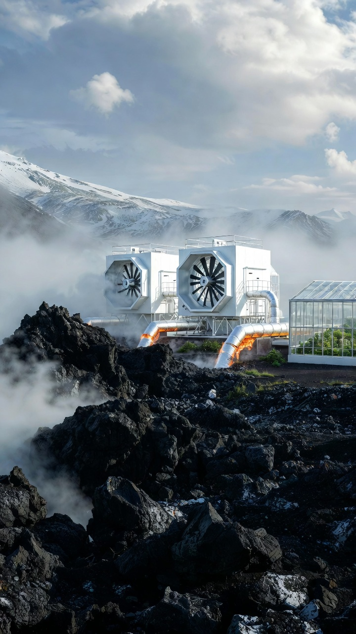 Un edificio de diseño regenerativo futurista con módulos blancos y vidrio, integrado en un paisaje de basalto negro bajo un cielo nublado.