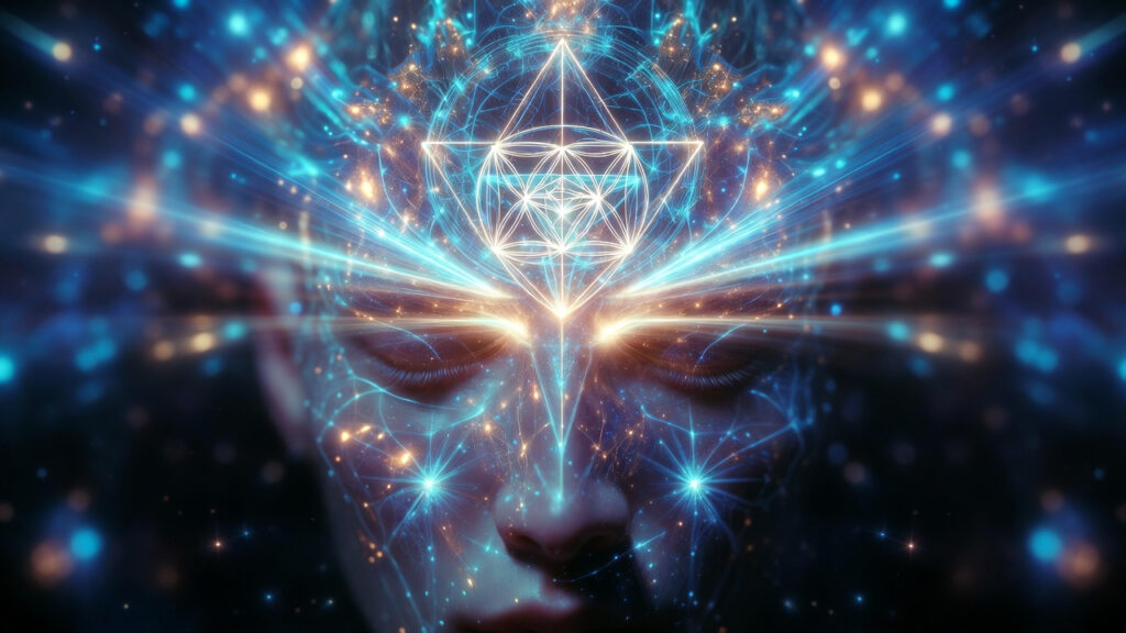 Rostro humano cósmico con geometría sagrada y luz azul de Arcturus representando la arquitectura mental.
