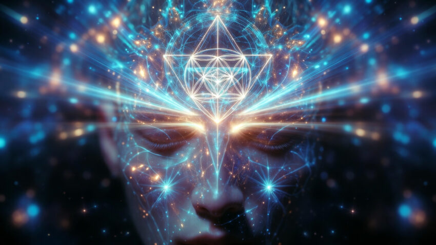 Rostro humano cósmico con geometría sagrada y luz azul de Arcturus representando la arquitectura mental.
