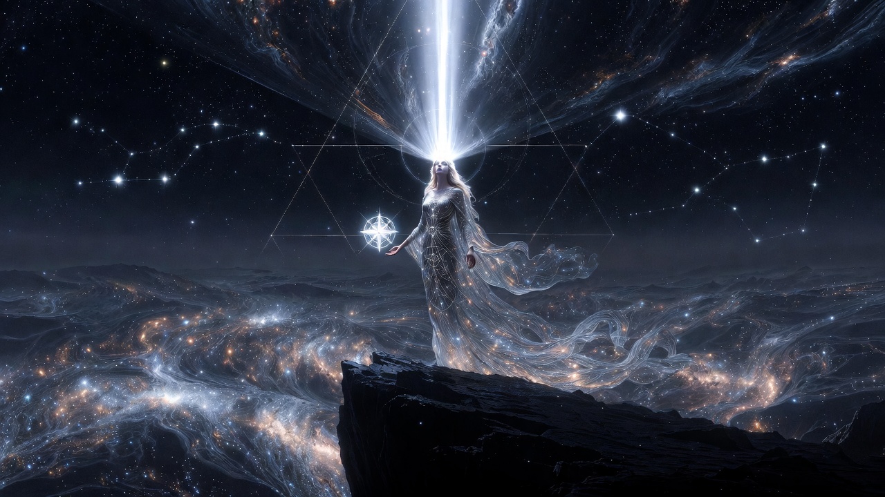 Representación mística de la Estrella Polar iluminando el ADN humano y la conciencia cósmica.