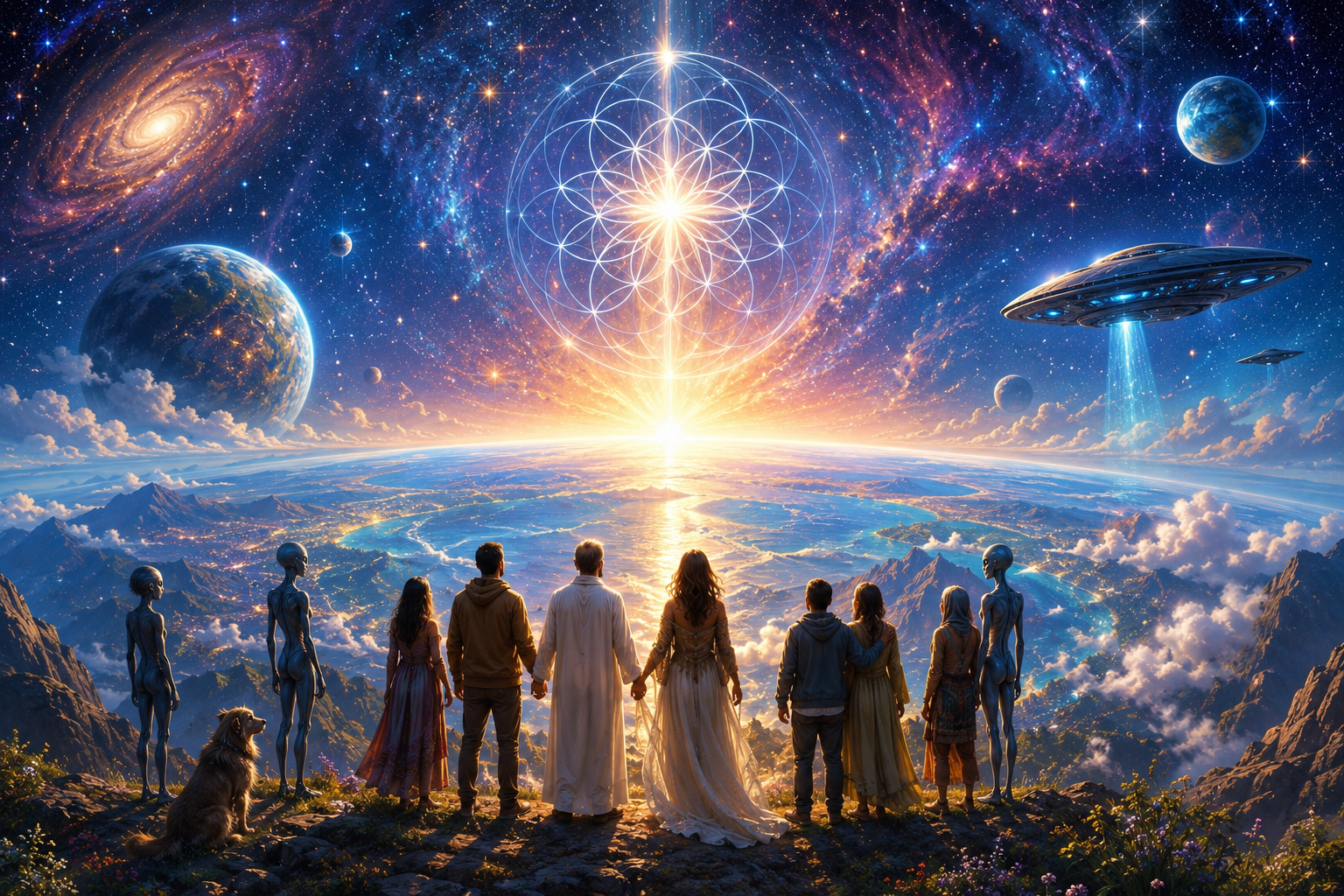 Humanidad y seres extraterrestres unidos bajo un cielo cósmico — Nexo Cósmico
